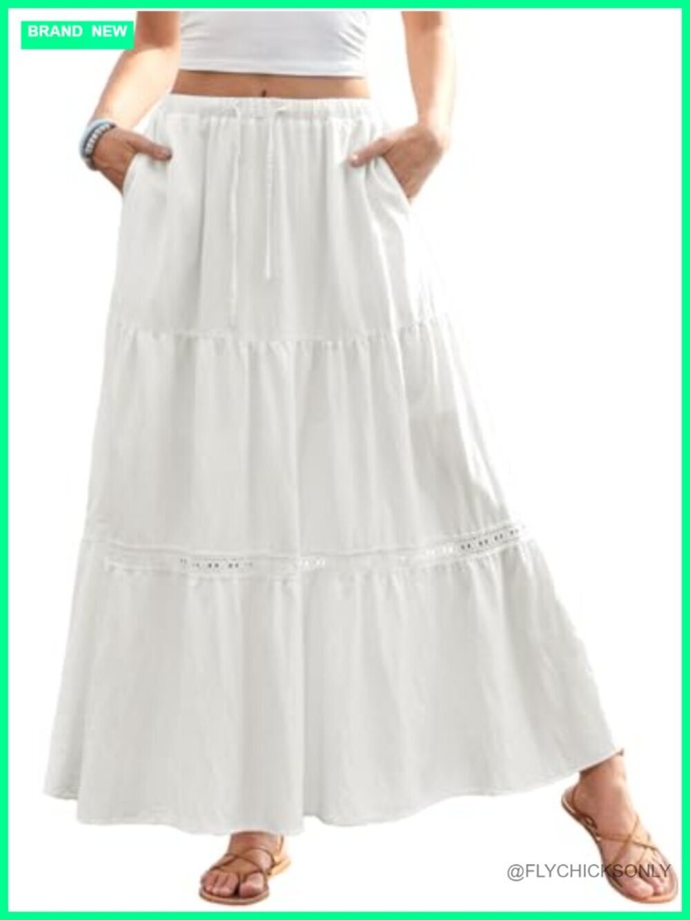 Boho Lace Trim Swing Tiered Maxi Skirt High Waisted A-Line Flowy Long Skirt